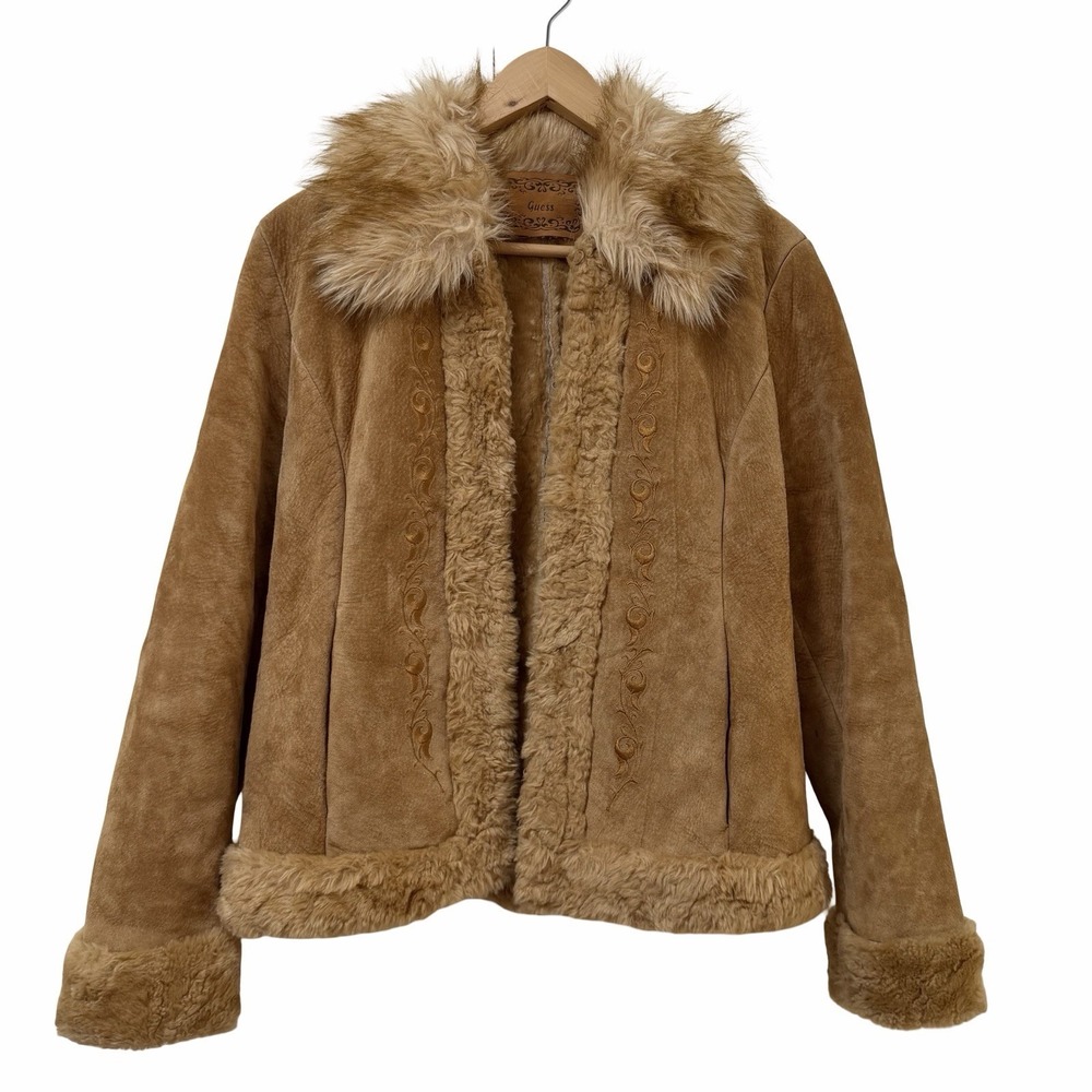 Vintage Guess Womens Leather Faux Fur Jacket Size M Brown Y2K Penny Lane Coat